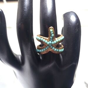 Turquoise Blue Brass Ocean Starfish Open End Ring